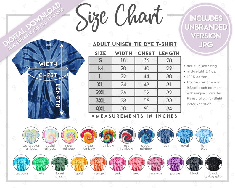 Op de afbeelding: Maattabel voor unisex tie-dye T-shirts voor volwassenen. De tabel toont de afmetingen in inches voor breedte, borst en lengte voor maten S tot en met 4XL. De tabel bevat ook informatie over de stof en het tie-dye proces. De afbeelding toont een verscheidenheid aan tie-dye kleuren en patronen.