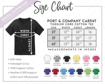 Semi-modifiable Port & Company CAR54T, dimensions + tableau des couleurs • Tableau des tailles des t-shirts en coton pour tout-petits Port and Company • Tableau des tailles CAR54T