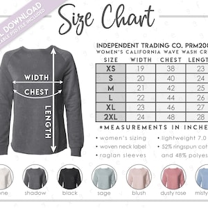 Semi-Editable Independent Trading Company PRM2000 Size + Color Chart • Independent Trading Co. Women&#39;s California Wave Wash Crew • PRM2000