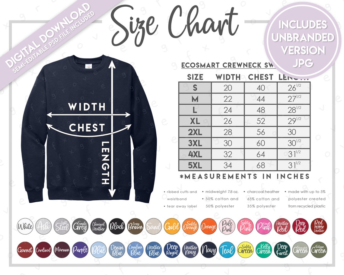 Semi-editable Hanes P160 Size Chart Color Chart Ecosmart - Etsy