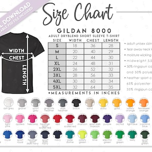 Semi-Editable Gildan 8000 Size Chart + Color Chart • Gildan DryBlend T-Shirt Size Chart • G8000 T-Shirt Color Chart • G800 Size Chart
