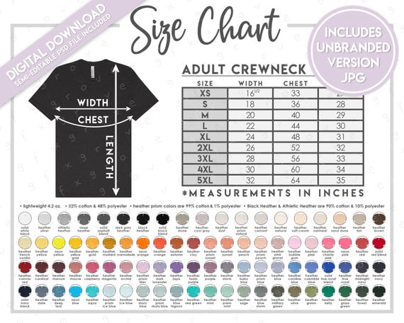 Semi-editable Bella + Canvas 3001CVC Size + Color Chart • Bella