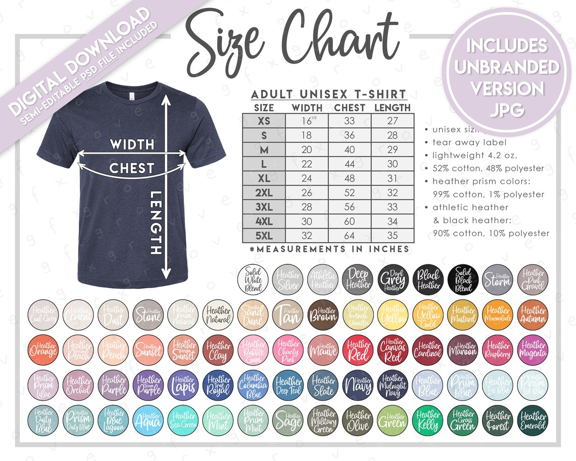 Semi-editable Bella Canvas 3001CVC Size Color Chart - Etsy