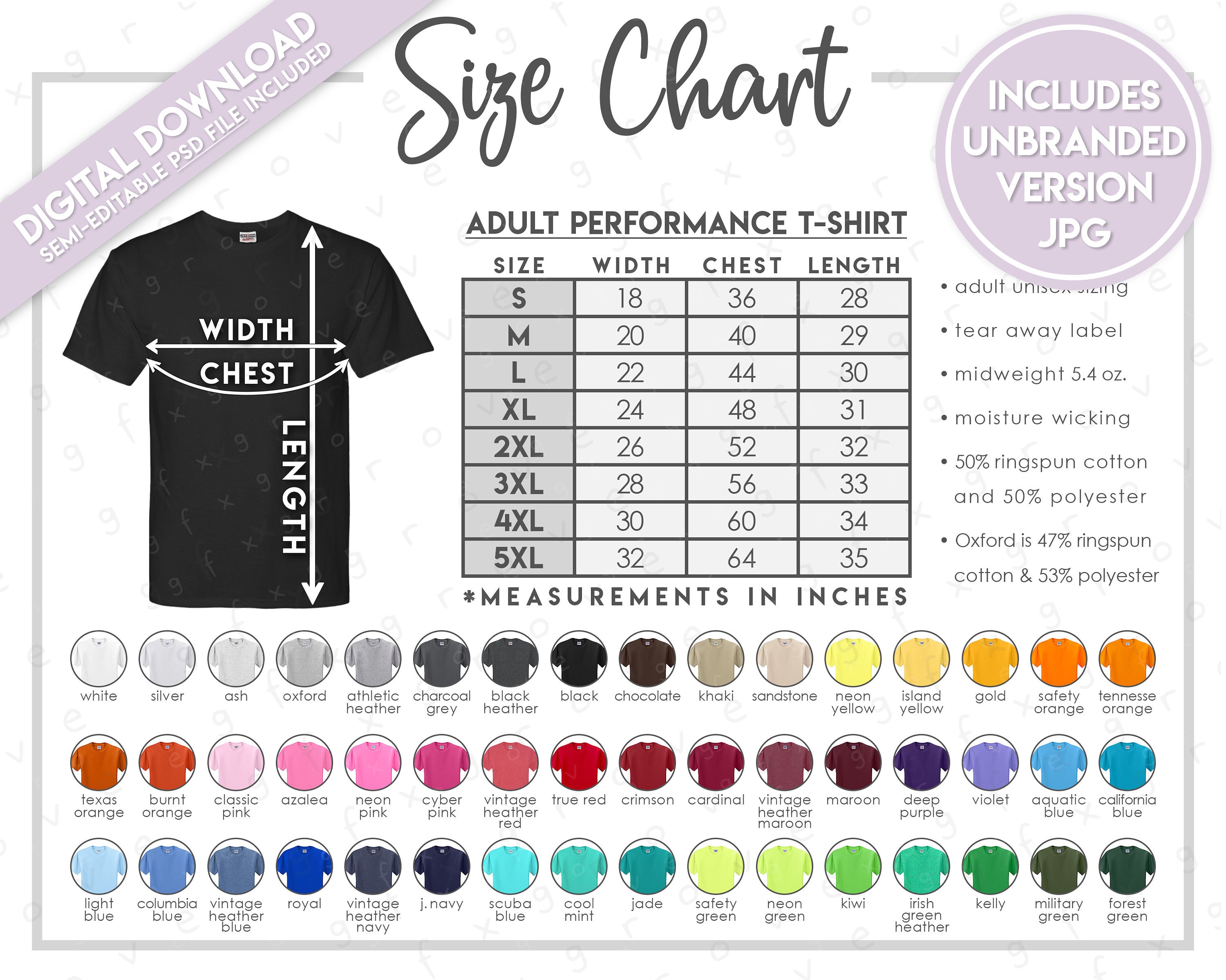 Semi-editable Jerzees 29MR Size + Color Chart • Jerzees Dri Power