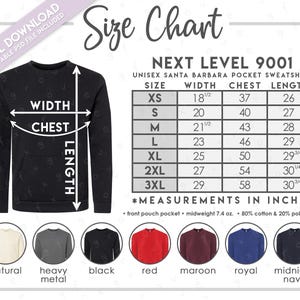 Semi-Editable Next Level 9001 Size + Color Chart • Next Level Unisex Santa Barbara Pocket Crewneck Sweatshirt Size Chart • NL9001