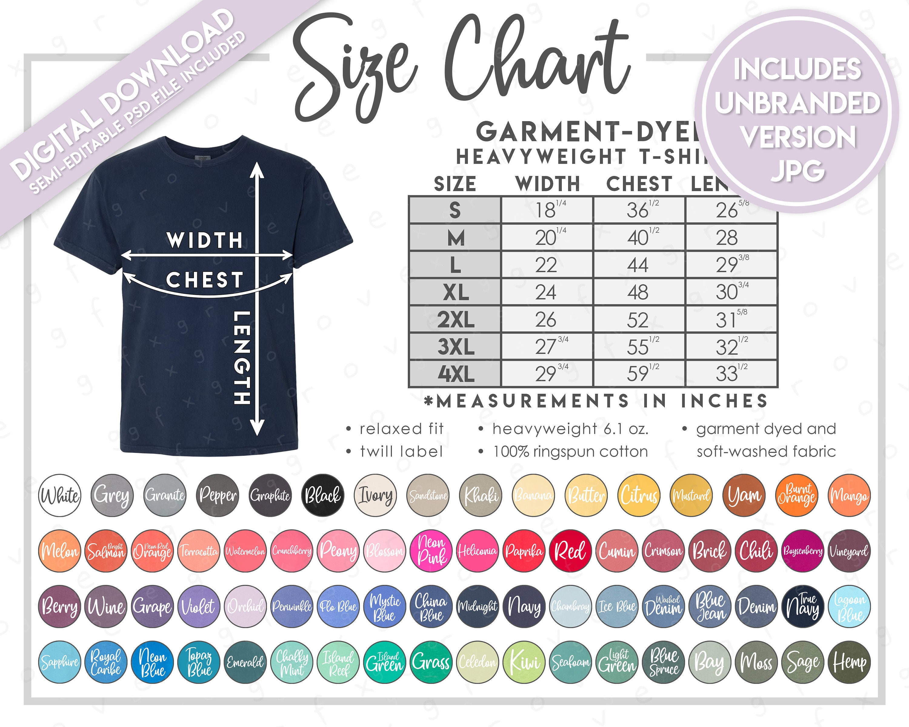 Semi-editable Comfort Colors 1717 Size Color Chart Comfort - Etsy