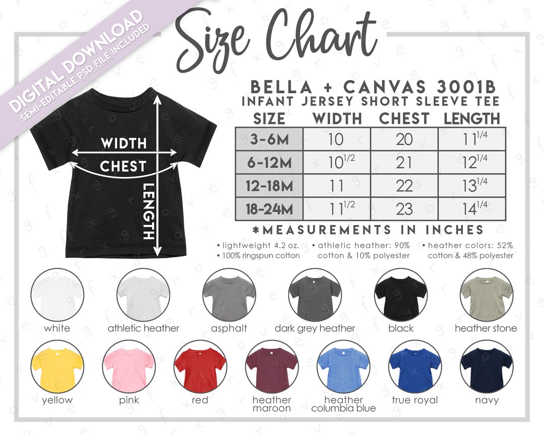 Semi-editable Bella Canvas 3001B Size Color Chart Bella Canvas Baby T ...