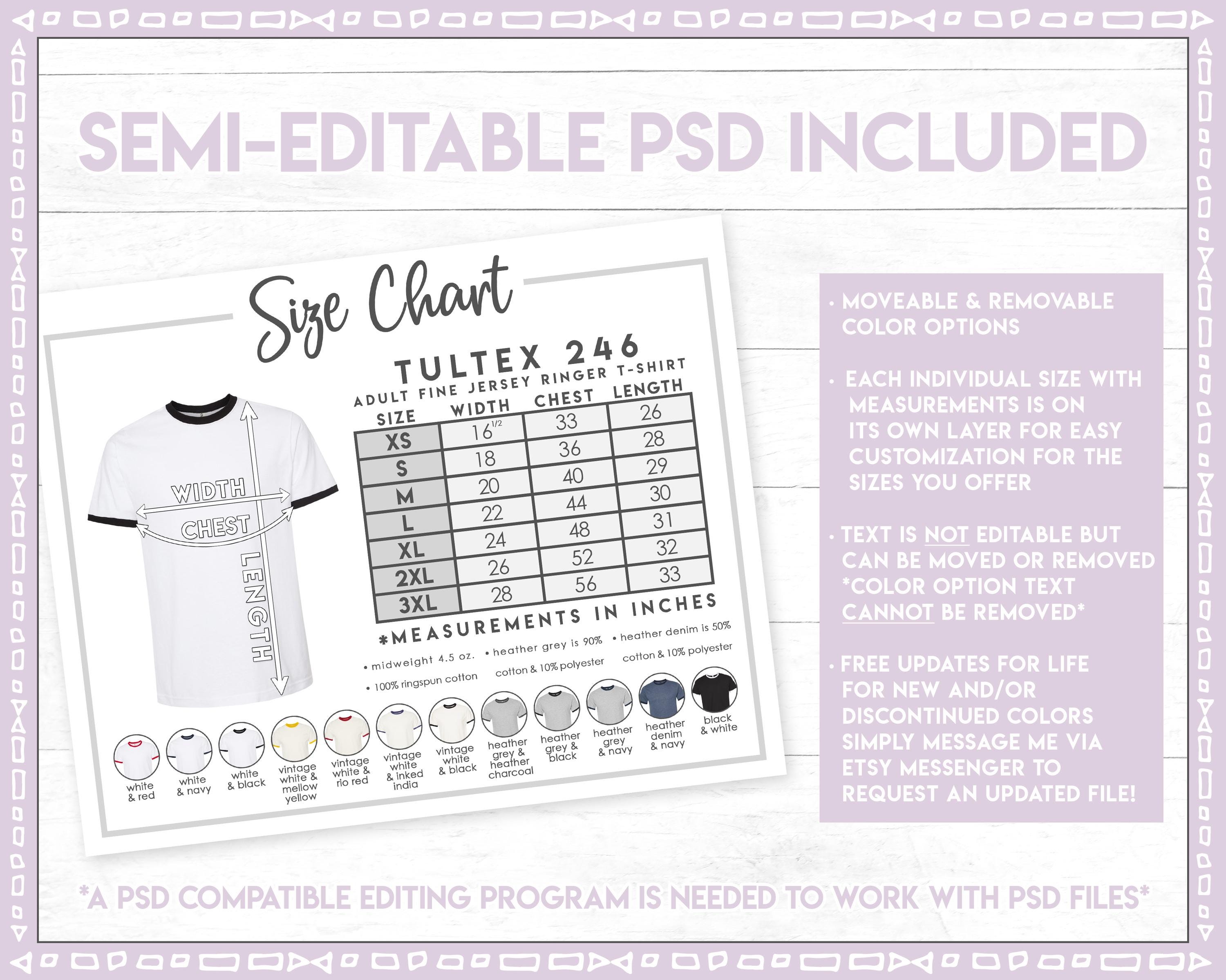 Semi-editable Tultex 246 Size Chart + Color Chart • Tultex Fine Jersey ...