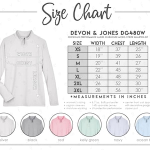 Devon & Jones DG480W Size + Color Chart • CrownLux Performance Ladies Clubhouse Micro-Stripe Quarter-Zip • DG480W Size Chart