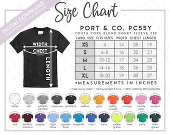 Semi-Editable Port & Company PC55Y Size + Color Chart • Youth Unisex Core Blend Tee Size Chart • PC 55Y Size Chart • PC55Y Color Chart