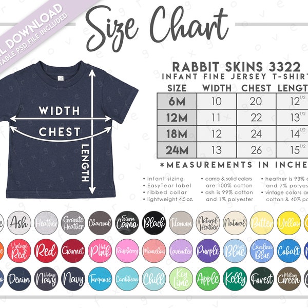 Semi-Editable Rabbit Skins 3322 Size + Color Chart • Rabbit Skins Infant T-Shirt Size Chart • Rabbit Skins Baby T-Shirt Color Chart • RS3322