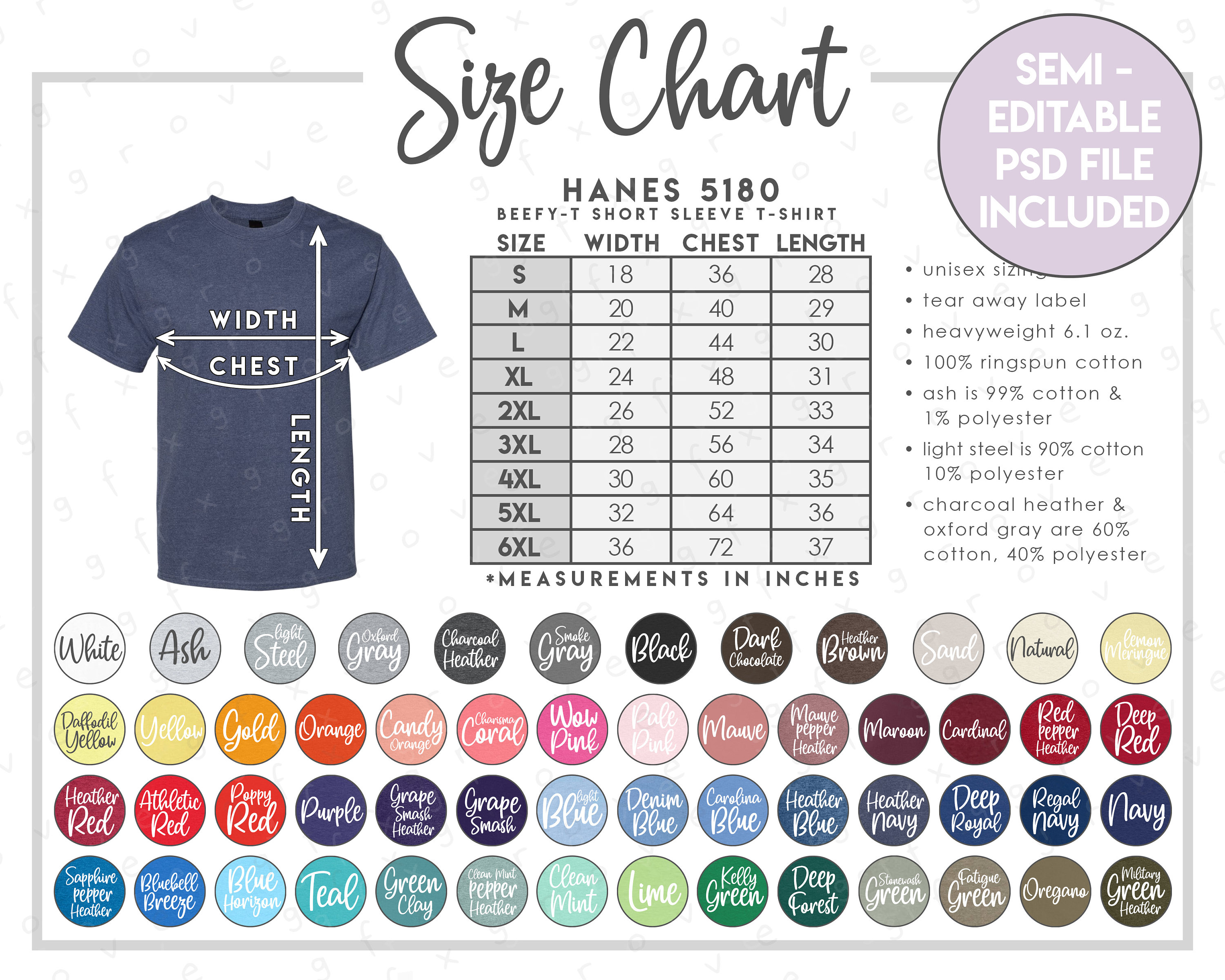 Semi-editable Hanes 5180 Size Chart Color Chart Beefy-t ...