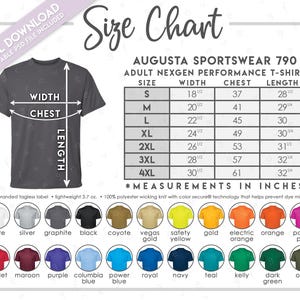 Könnte beinhalten: Größentabelle für Augusta Sportswear 790 T-Shirts für Erwachsene. Die Tabelle enthält Maße in Zoll für die Größen S bis 4XL. Die Tabelle zeigt auch eine Vielzahl von T-Shirt-Farben, darunter Weiß, Schwarz und Gold.