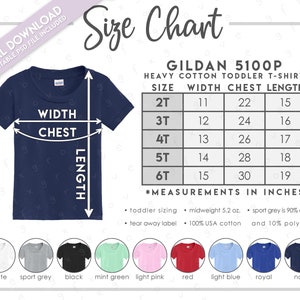 Tabla de tallas y colores semieditable de Gildan 5100P • Tabla de tallas de camisetas de algodón pesado para niños pequeños de Gildan • Tabla de colores de camisetas para niños pequeños de Gildan • G510P