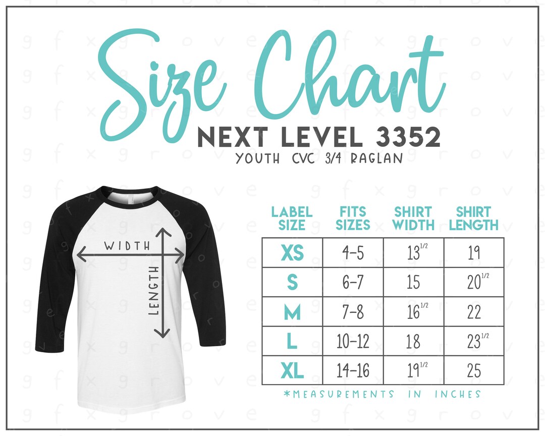 Next Level 3352 Size Chart Next Level Youth 3/4 Sleeve Raglan Tee Size ...