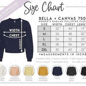 Tabla de tallas y colores Bella + Canvas 7505 semieditable • Sudadera polar con cuello raglán para mujer de Bella Canvas • Tabla de colores BC7505