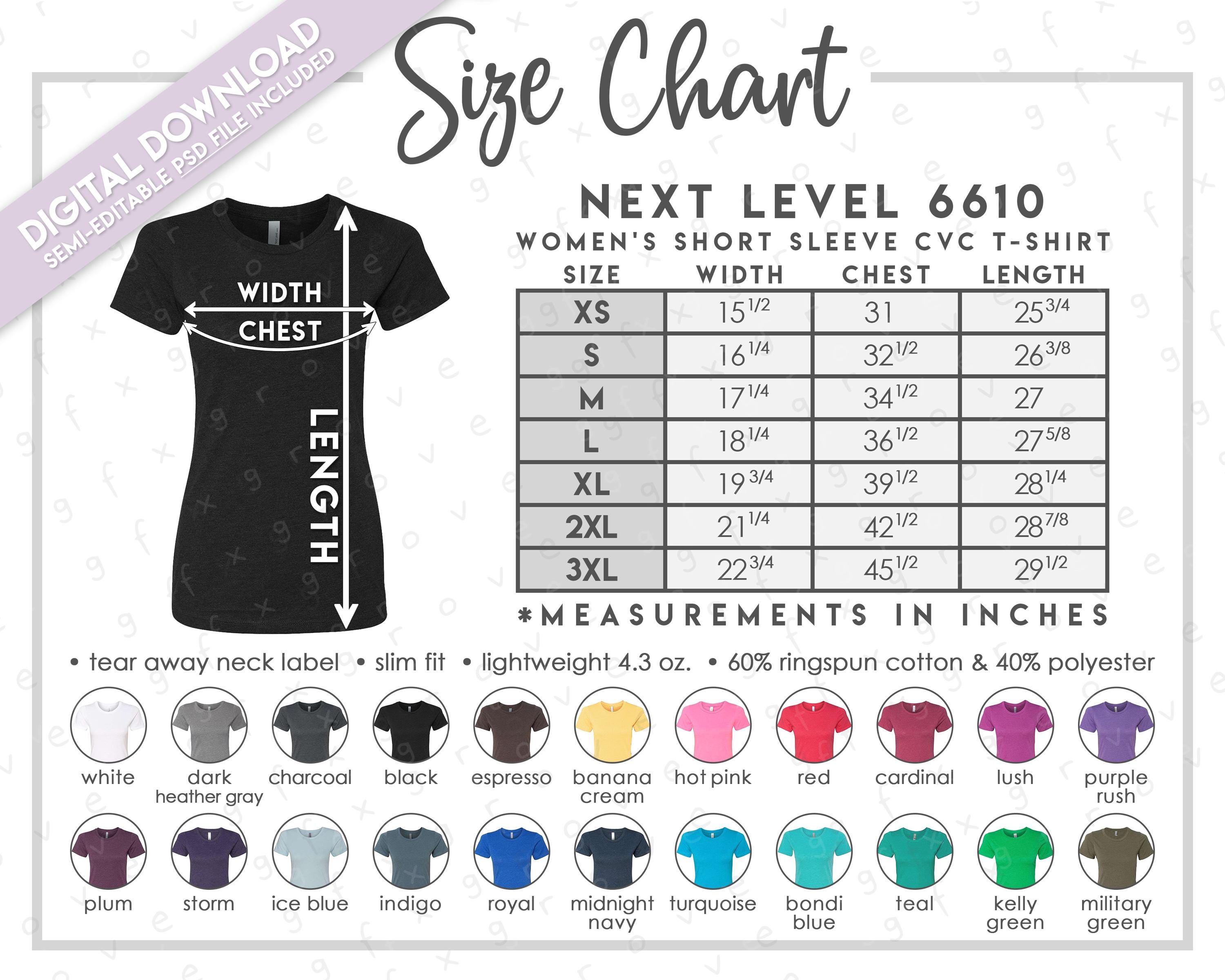 Semi-editable Next Level 6610 Size + Color Chart • Next Level