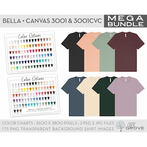 MEGA PAQUETE Bella + Canvas 3001 y 3001CVC Cartas de colores + Imágenes de camisetas • 175 colores • Archivos PNG con fondo transparente
