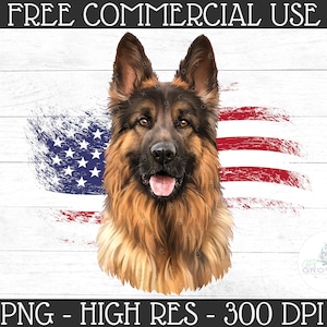 May include: A digital illustration of a German Shepherd dog with a patriotic theme. The dog is depicted with brown and black fur, set against a backdrop of the American flag on a white wood-grain background. The image includes the text "FREE COMMERCIAL USE".