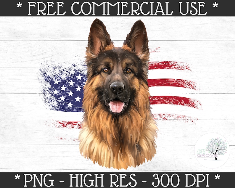 May include: A digital illustration of a German Shepherd dog with a patriotic theme. The dog is depicted with brown and black fur, set against a backdrop of the American flag on a white wood-grain background. The image includes the text "FREE COMMERCIAL USE".
