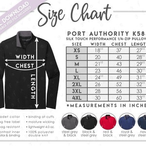 Semi-Editable Port Authority K584 Size + Color Chart • Port Authority Silk Touch Performance 1/4 Zip Pullover • Port Authority K 584