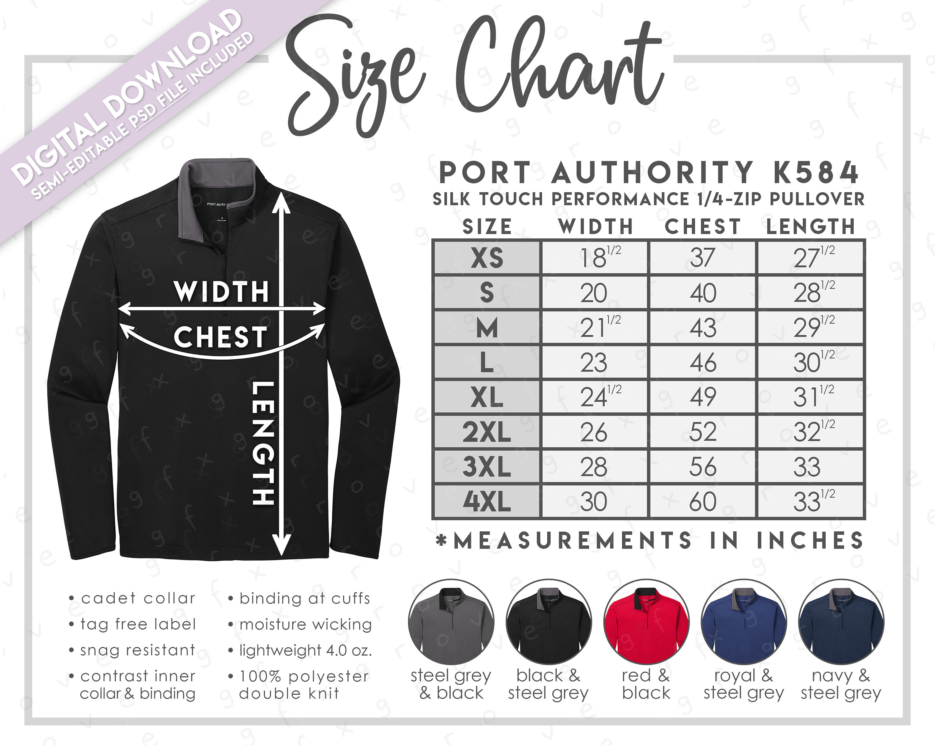 Semi-editable Port Authority K584 Size + Color Chart • Port Semi-editable Port Authority K584 Size + Color Chart • Port