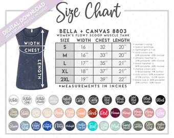 Semi-éditable Bella + Canvas 8803 – Tableau des tailles + couleurs • Tableau des tailles des débardeurs Bella Canvas Muscle Sleeve • Tableau des tailles BC8803 • Tableau des couleurs BC8803