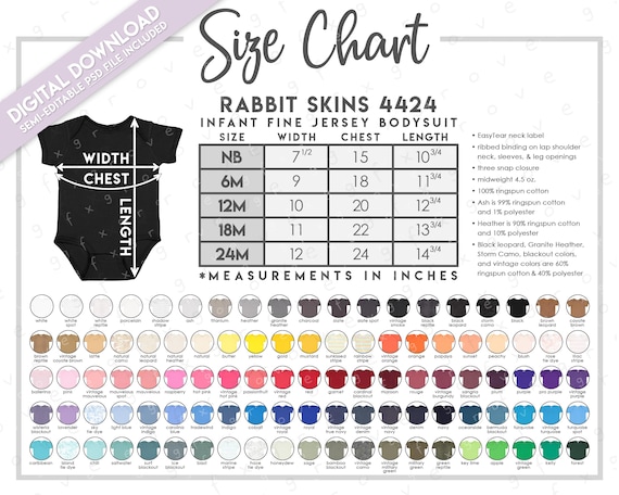 Semi-Editable Rabbit Skins 4424 Size + Color Chart • Rabbit Skins Baby Bodysuit Size Chart • Rabbit Skins Bodysuit Color Chart • RS4424