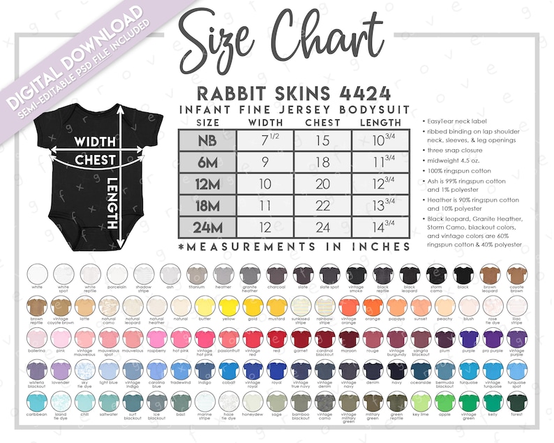 May include: Size chart for infant fine jersey bodysuits in sizes NB to 24M. Measurements are in inches for width, chest, and length. The chart includes a black and white illustration of a bodysuit with labels for width, chest, and length. The chart also includes a list of color options for the bodysuits.