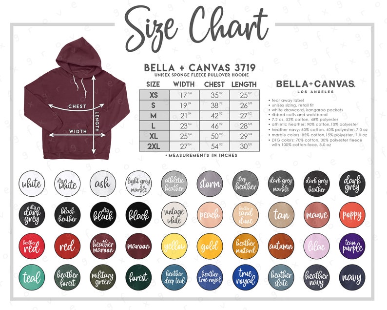 Download Bella Canvas 3719 Size Color Chart 40 COLORS Bella | Etsy