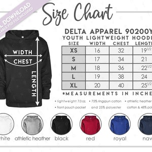 Semi-Editable Delta Apparel 90200Y Size + Color Chart • Delta Youth Lightweight Hoodie Size Chart • Delta 90200Y Size Chart