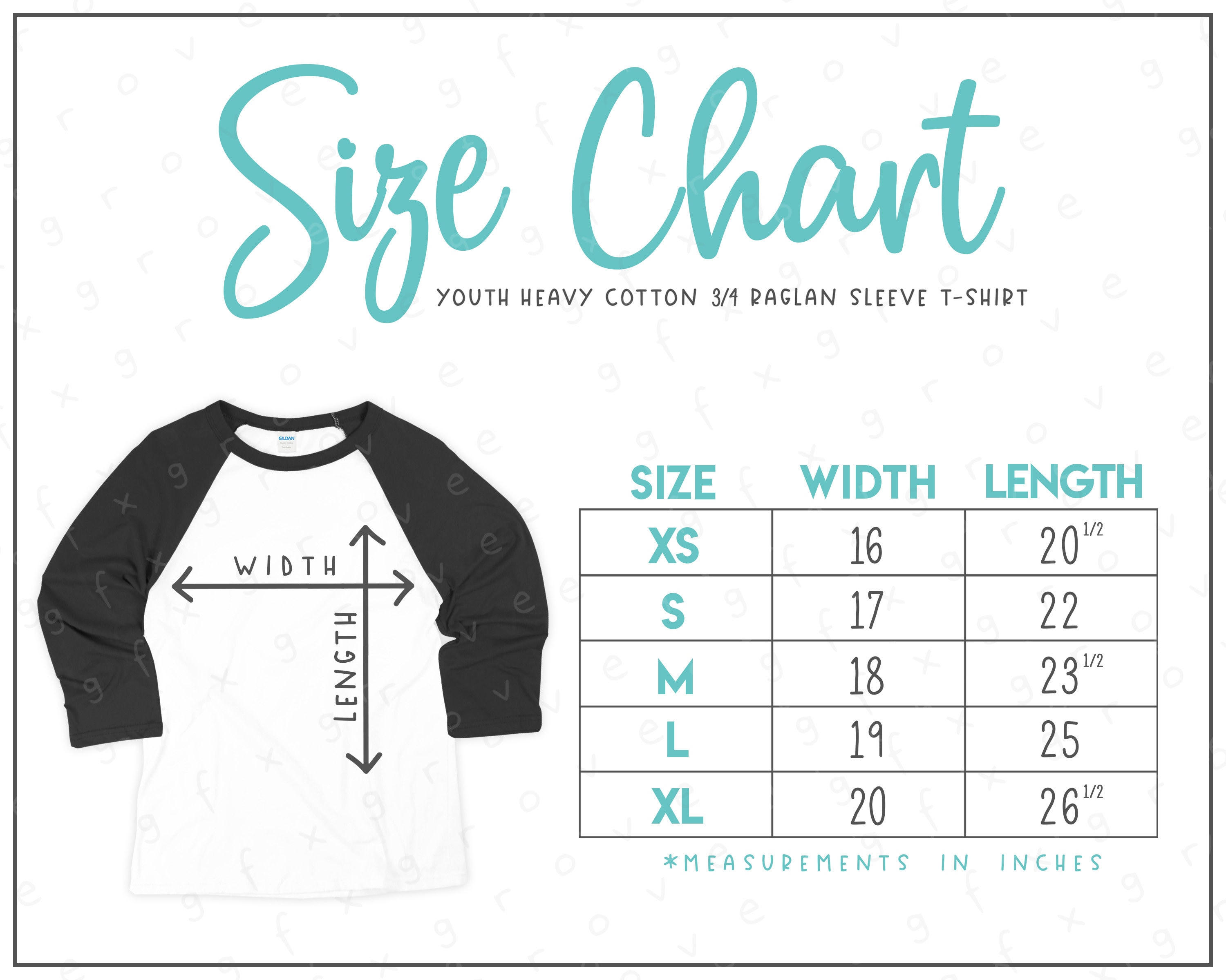 G570B Size Chart (2 Versions Included) • Youth 3/4 Raglan Sleeve T