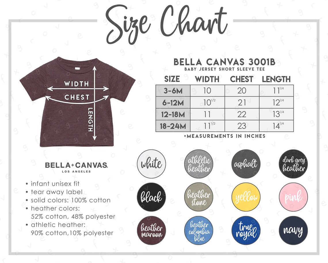 Bella Canvas 3001B Size Color Chart ALL 12 COLORS | Etsy