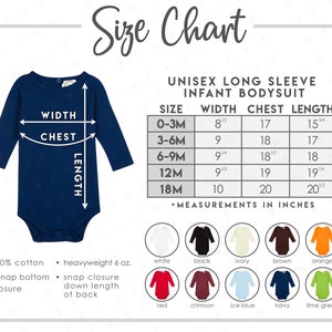 Blanks Boutique Unisex Long Sleeve Infant Bodysuit Size + Color Chart • 10 COLORS • Baby Bodysuit Size Chart • Baby Bodysuit Color Chart