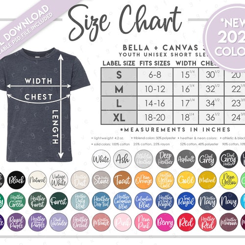 Semi-editable Bella Canvas 3001CVC Size Color Chart - Etsy