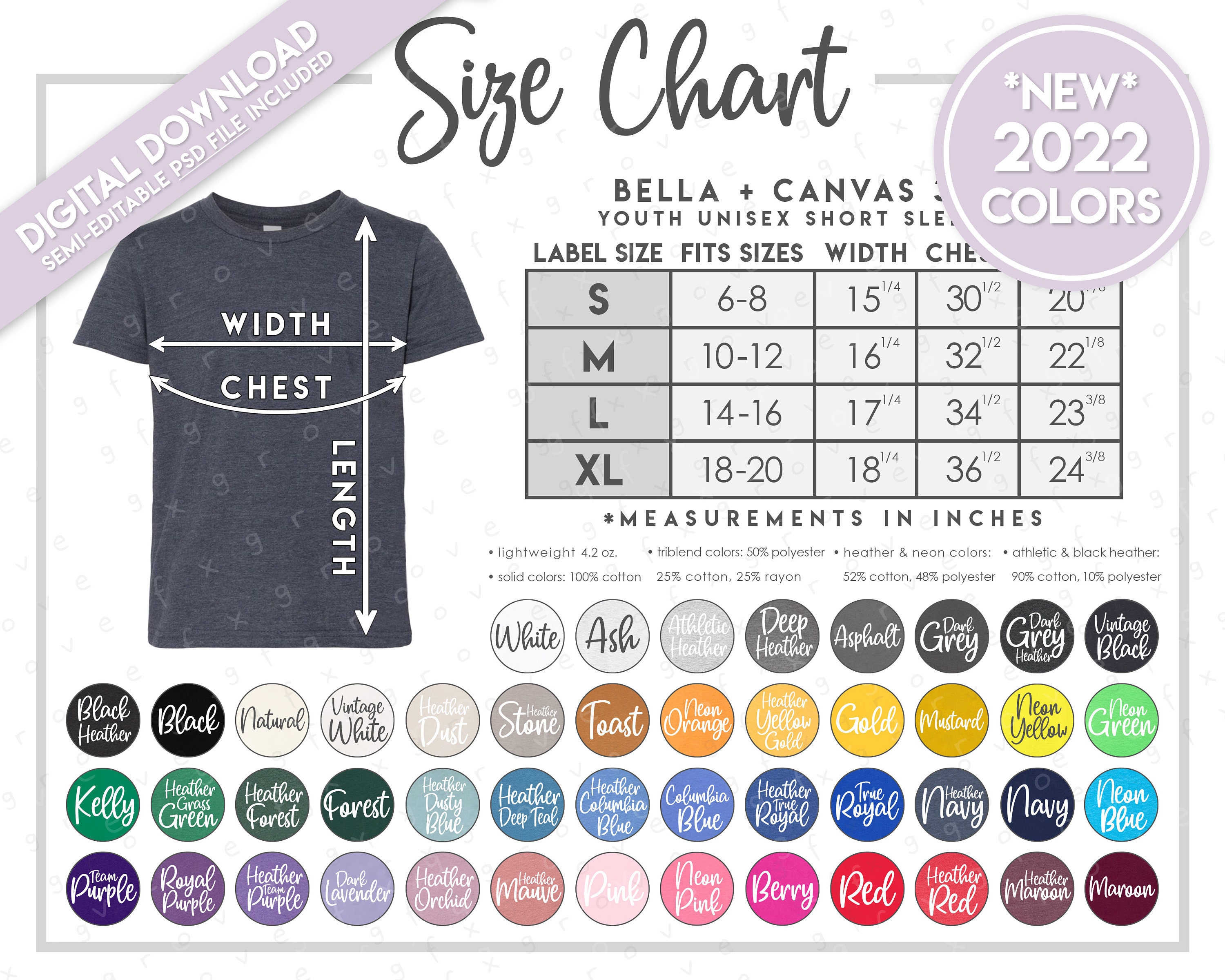 Semi-editable Bella Canvas 3001Y Size Color Chart Bella | Etsy