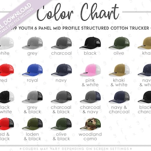 May include: Color chart showing different color options for a youth 6 panel mid profile structured cotton trucker cap. The chart shows 18 different color combinations, including white, grey, charcoal, black, olive, khaki, red, royal, navy, pink & white, khaki & white, navy & white, black & white, grey & black, charcoal & black, charcoal & navy, navy & charcoal, black & charcoal, red & black, loden & black, olive & black, and woodland camo.