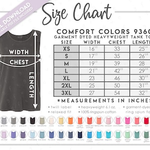 Semi-Editable Comfort Colors 9360 Size + Color Chart • Comfort Colors Garment-Dyed Tank Top • 9360 Size Chart • CC9360 Color Chart