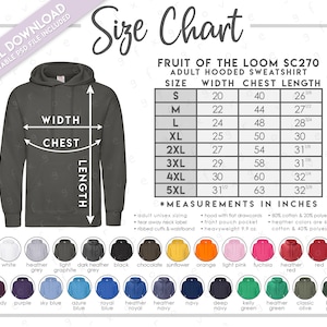 Semi-Editable Fruit of the Loom SC270 Size Chart + Color Chart • Fruit of the Loom 0622080 Size Chart • Fruit of the Loom Hooded Sweatshirt