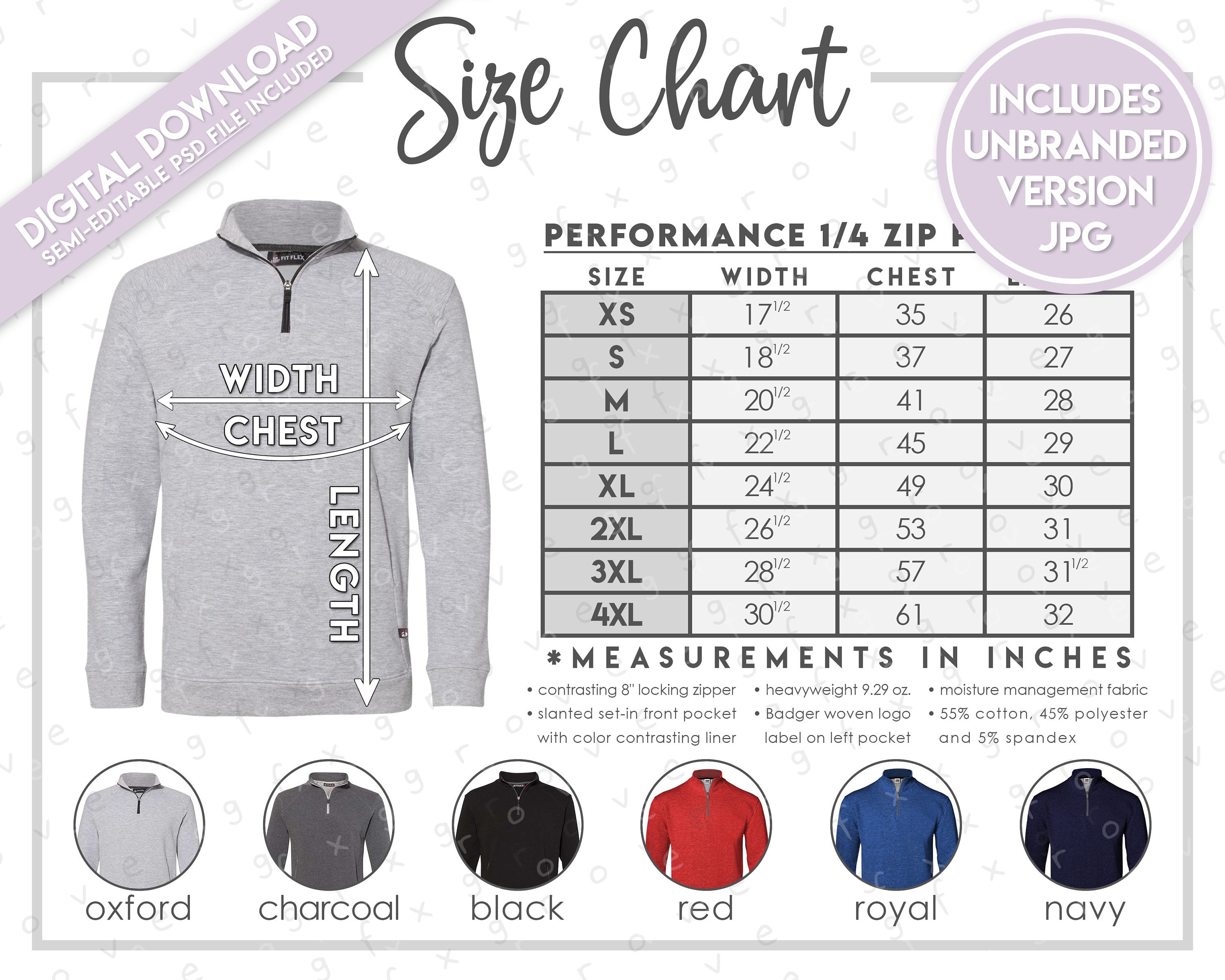 Semi-editable Badger Sport 1060 Size + Color Chart • Badger
