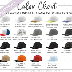 May include: Color chart of Osprey R+ 7 panel perforated rope caps in various colors. The chart includes caps in off-white, black, red, blue, and camo patterns. The text "DIGITAL DOWNLOAD" and "SEMI-EDITABLE PSD FILE INCLUDED" are visible.