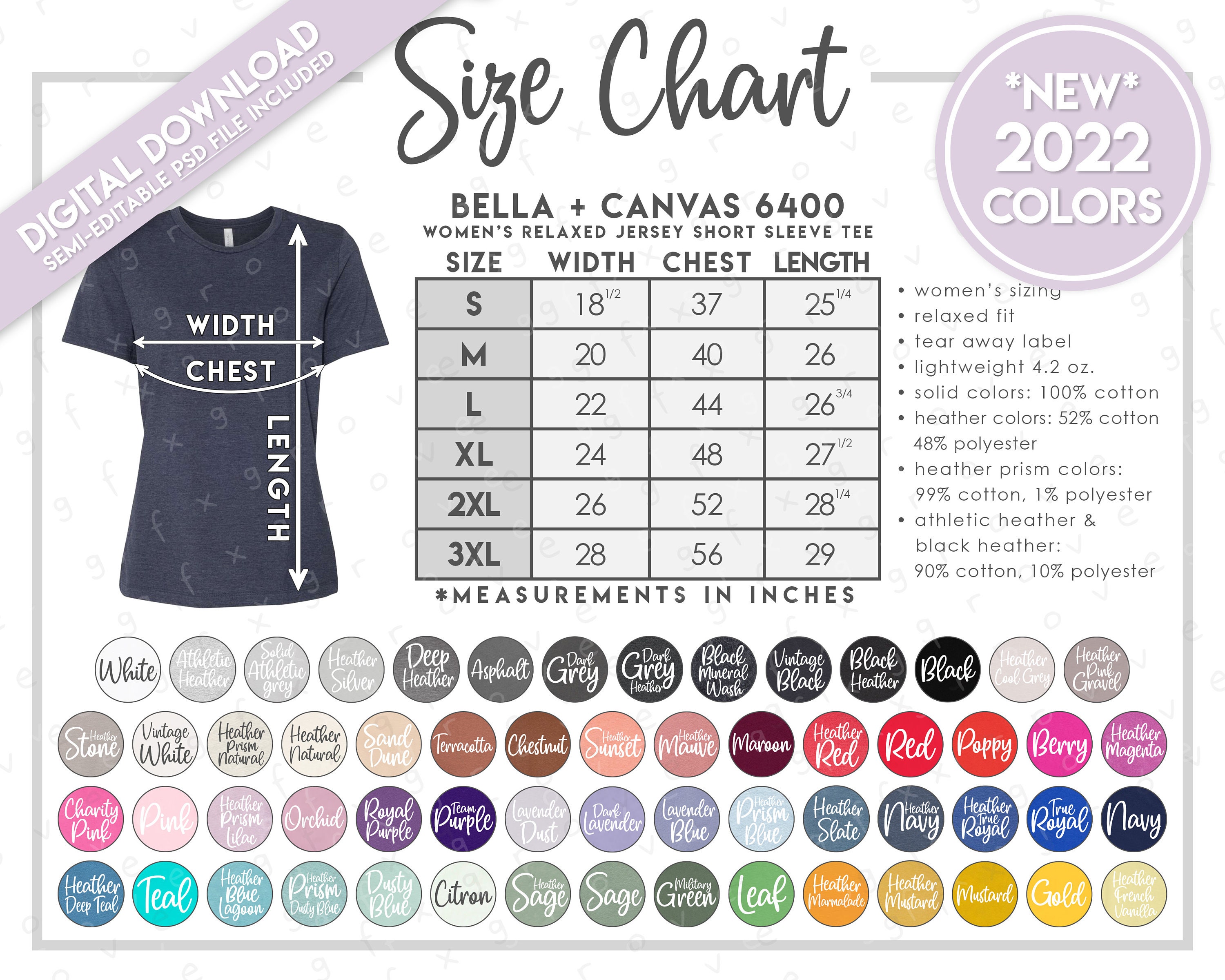 Bella Canvas 6405 Editable Color Chart And Size Chart ...