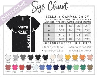 Semi-Editable Bella + Canvas 3413Y Size + Color Chart • Bella Canvas Youth Triblend T-Shirt Size Chart • Bella Canvas Color Chart • 3413Y
