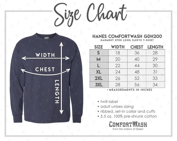 Hanes Comfortwash Gdh200 Size Chart Comfortwash Long Sleeve | Etsy