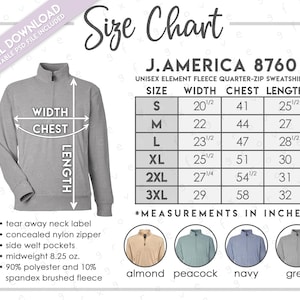 May include: Size chart for a unisex fleece quarter-zip sweatshirt. The chart includes measurements in inches for width, chest, and length, ranging from size S to 3XL. Features include a tear-away neck label, concealed nylon zipper, and side welt pockets.