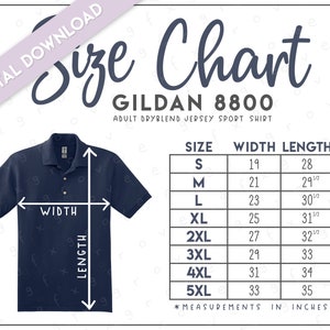 Tabla de tallas de Gildan 8800 • Camisa deportiva de jersey DryBlend para adultos de Gildan • Camisa polo de Gildan • Polo deportivo de Gildan