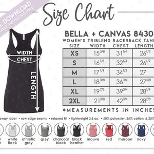 Pode incluir: Uma tabela de tamanhos para a regata racerback Bella + Canvas 8430, com uma ilustração de uma regata preta e setas de medição. Uma tabela lista os tamanhos de XS a 2XL em polegadas. Onze amostras de cores são exibidas na parte inferior.