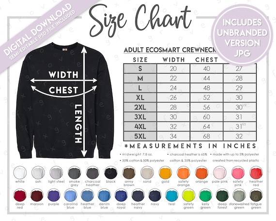 Hanes ecosmart sweatshirt size chart hotsell