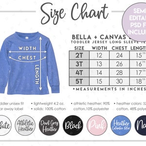 Tabla de tallas y colores semieditable Bella + Canvas 3501T • Tabla de tallas de camisetas de manga larga para niños pequeños Bella Canvas • BC3501T