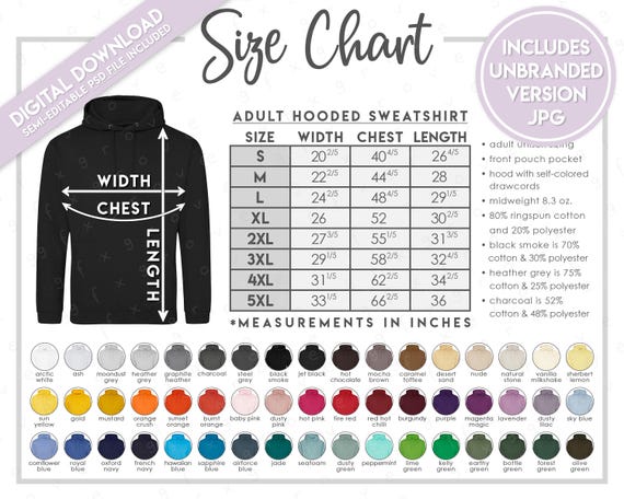 Semi-editable Just Hoods JHA001 Size + Color Chart • Just Hoods